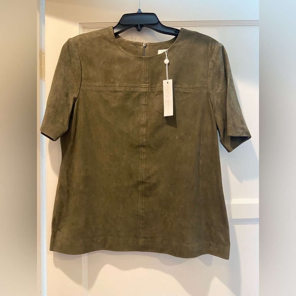 Trina Turk New Suede Green Olive short sleeve top